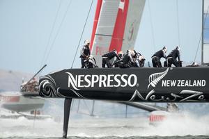 Emirates New Zealand rounds the first mark in the sixth race on day five of the Louis Vuitton finals against Luna Rossa Challenge of Italy. 23/8/2013. photo copyright Chris Cameron/ETNZ http://www.chriscameron.co.nz taken at  and featuring the  class