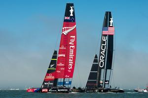 Emirates Team New Zealand leads against Oracle Team USA. Race three of the America's Cup 34 in San Francisco on day two. 8/9/2013 photo copyright Chris Cameron/ETNZ http://www.chriscameron.co.nz taken at  and featuring the  class