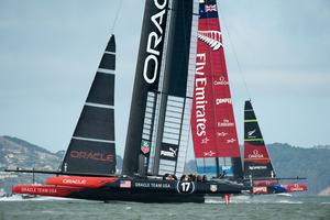 Emirates Team New Zealand rounds the top mark ahead of Oracle Team USA in race five on day three of the America's Cup 34.  San Francisco. 10/9/2013 photo copyright Chris Cameron/ETNZ http://www.chriscameron.co.nz taken at  and featuring the  class