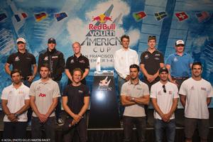 29/08/2013 - San Francisco (USA,CA) - 34th America's Cup - Red Bull Youth America's Cup - Opening Press conference, Top : Romand Hagara (Sport Director), Jason Waterhouse (AUS), Arthur Ponroy (FRA), Philip Buhl (GER), Peter Burling (NZL), Hans Peter Steinacher (Sport Director). Bottom:  Antonio Mello (POR), William Tiller (NZL), Charlie Ekberg (SUE),  Lucien Cujean (SUI), Michael Menninger (USA), Charlie Buckingham (USA). photo copyright ACEA - Photo Gilles Martin-Raget http://photo.americascup.com/ taken at  and featuring the  class