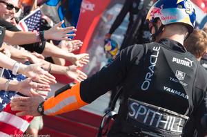 San Francisco, 10/09/13 34th AMERICA’S CUP America’s Cup Final race 5 Oracle Team USA skipper James Spithill with the spectators photo copyright Carlo Borlenghi/Luna Rossa http://www.lunarossachallenge.com taken at  and featuring the  class