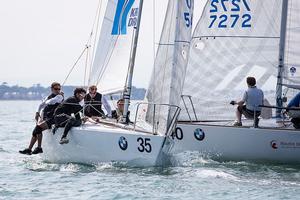 Howth Yacht Club, Co. Dublin, Ireland; Monday 26th August 2013: German entry Rotoman edges ahead of Ireland's Stefan Hyde in the opening race of the BMW J24 World Championship at Howth Yacht Club yesterday (Monday) where 40 boats from ten nations are competing this week. photo copyright David Branigan/Oceansport http://www.oceansport.ie/ taken at  and featuring the  class