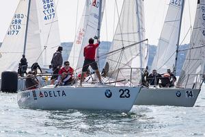 Howth Yacht Club, Co. Dublin, Ireland; Monday 26th August 2013: Peruvian entry Scaramoush skippered by Luis Olcese day one of the BMW J24 World Championships at Howth Yacht Club where 40 crews from ten nations are competing on the course area between Ireland's Eye and Lambay Island. photo copyright David Branigan/Oceansport http://www.oceansport.ie/ taken at  and featuring the  class