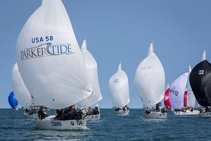 Howth Yacht Club, Co. Dublin, Ireland; Monday 26th August 2013: Tony Parker's Bangor Packet from Annapolis leading the 40 strong fleet in race one of the BMW J24 World Championship at Howth, Co. Dublin yesterday (Monday). photo copyright David Branigan/Oceansport http://www.oceansport.ie/ taken at  and featuring the  class