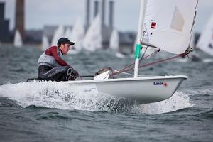 National Yacht Club, Co. Dublin, Ireland; Monday 2nd September 2013: Ireland's Finn Lynch in the leading pack during the Laser Radial fleet qualifier racing on Day 2 at the Laser European World Championships at the National Yacht Club. photo copyright David Branigan/Oceansport http://www.oceansport.ie/ taken at  and featuring the  class