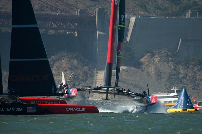 Emirates Team New Zealand and Oracle Team USA enter the start box for race 12 on day eight of America’s Cup 34.. 18/9/2013 © Chris Cameron/ETNZ http://www.chriscameron.co.nz