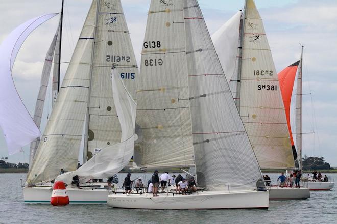 Busy mark roundings for the fleet  - Morris Finance Sydney 38 Short Course Regatta 2013 © Teri Dodds http://www.teridodds.com