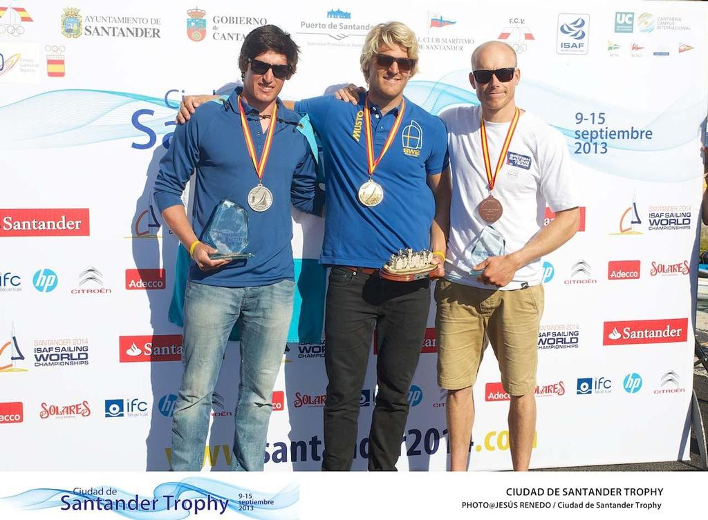 CIUDAD DE SANTANDER Trophy, Isaf sailing World Championships test event. Prize giving - Laser Standard  GBR  GBR-201402    Nick Thompson``; ``Laser Standard  GUA  GUA-192384    Juan Ignacio Maegli``; ``Laser Standard  SWE  SWE-204666    Jesper StaÌŠlheim photo copyright Jesus Renedo/ Santander City Trophy http://www.santander2014.com/ taken at  and featuring the  class
