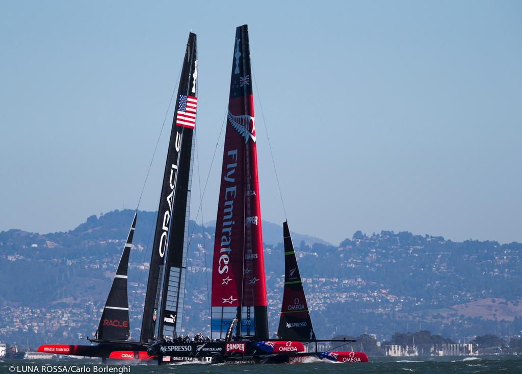 34th America&rsquo;s cup
America&rsquo;s Cup Final 5
Emirates Team New Zealand vs Oracle Team USA photo copyright Carlo Borlenghi/Luna Rossa http://www.lunarossachallenge.com taken at  and featuring the  class