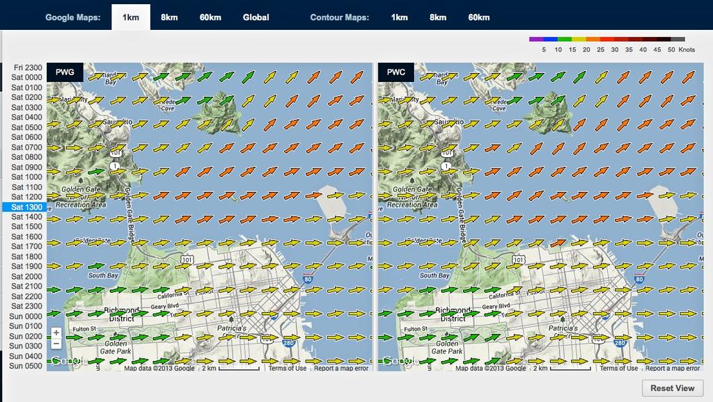 Wind map for September 14, 2013 San Francisco at 1315hrs - Start of Race 8 - wind strengths are indicated in the colour bar in the top right hand corner of the image photo copyright PredictWind.com www.predictwind.com taken at  and featuring the  class