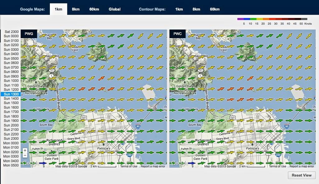 Wind map for September 15, 2013 San Francisco at 1315hrs - Start of Race 9 photo copyright PredictWind.com www.predictwind.com taken at  and featuring the  class