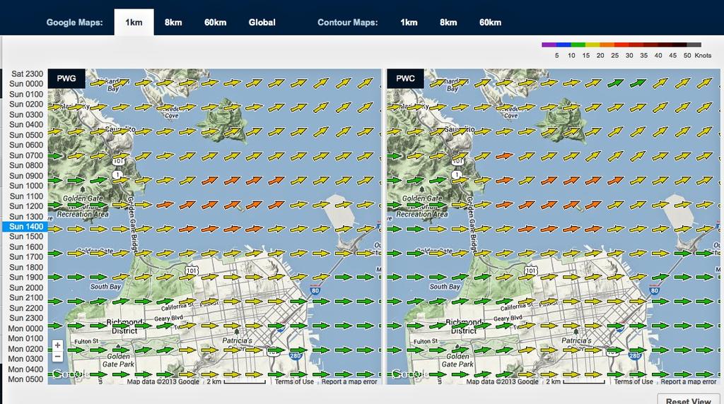 Wind map for September 15, 2013 San Francisco at 1415hrs - Start of Race 10 photo copyright PredictWind.com www.predictwind.com taken at  and featuring the  class