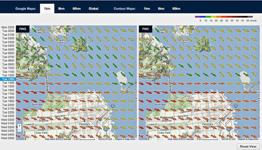 Wind map for September 17, 2013 San Francisco at 1315hrs - Start of Race 11. The key point is the creep of the red arrowed wind line indicating wind strengths above the prescribed wind limit photo copyright PredictWind.com www.predictwind.com taken at  and featuring the  class