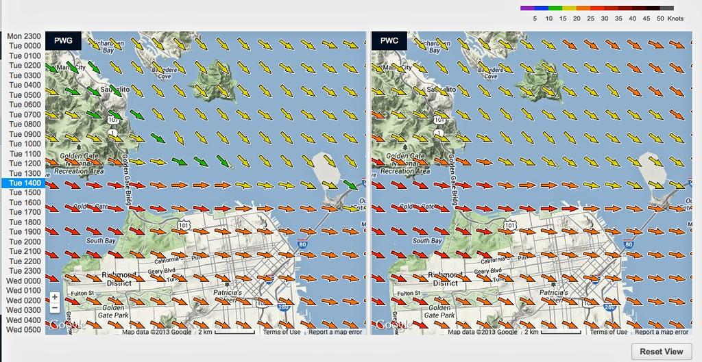 Wind map for September 17, 2013 San Francisco at 1415hrs - Start of Race 12. The key point is the creep of the red arrowed wind line indicating wind strengths above the prescribed wind limit photo copyright PredictWind.com www.predictwind.com taken at  and featuring the  class