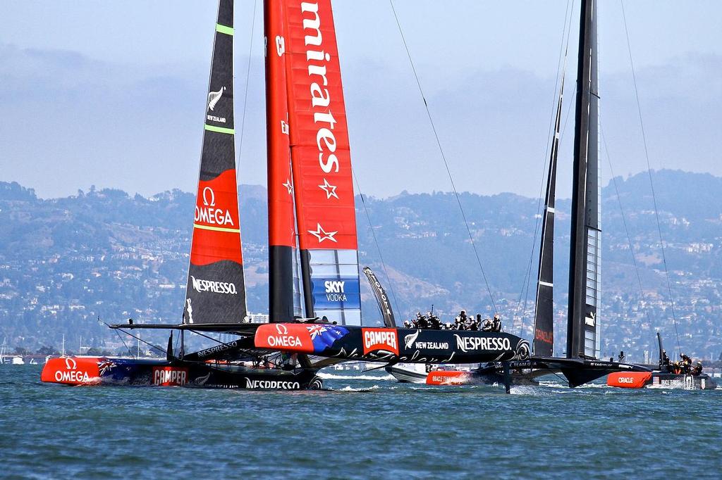 Oracle Team USA v Emirates Team New Zealand. America's Cup Day 4, San Francisco. Emirates Team NZ leads Oracle Team USA on Leg 3 photo copyright Richard Gladwell www.photosport.co.nz taken at  and featuring the  class