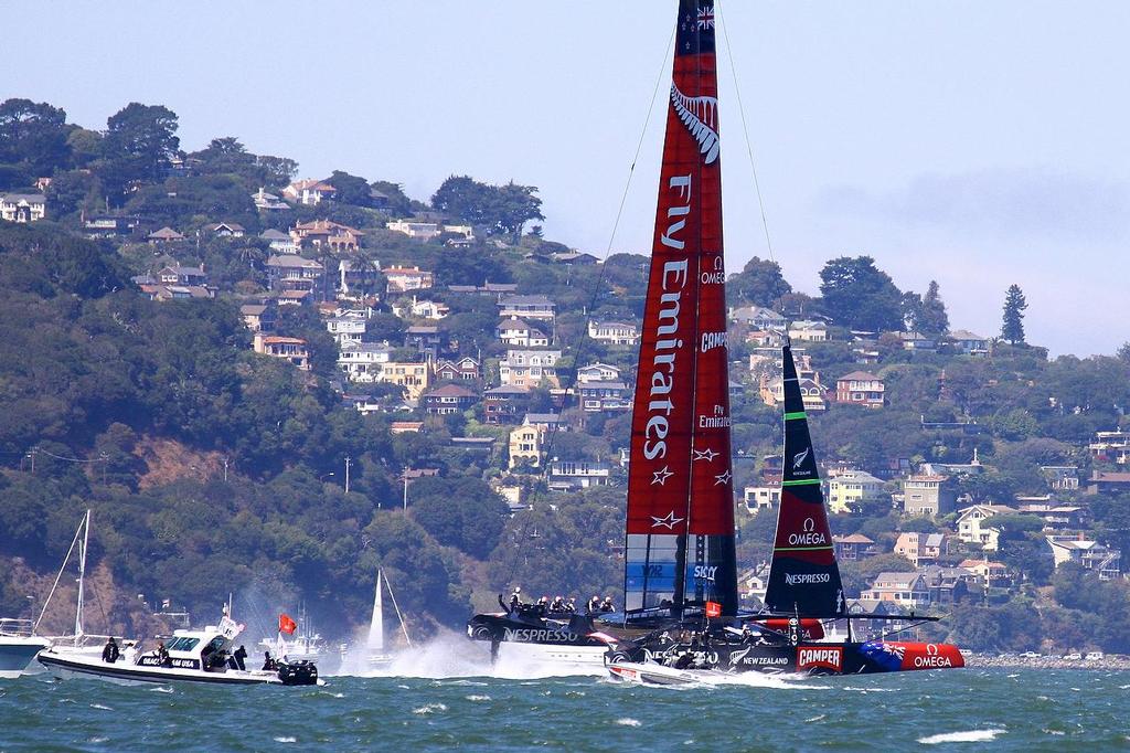 Oracle Team USA v Emirates Team New Zealand. America's Cup Day 5 San Francisco. Emirates Team NZ enters the start box Race 9 photo copyright Richard Gladwell www.photosport.co.nz taken at  and featuring the  class