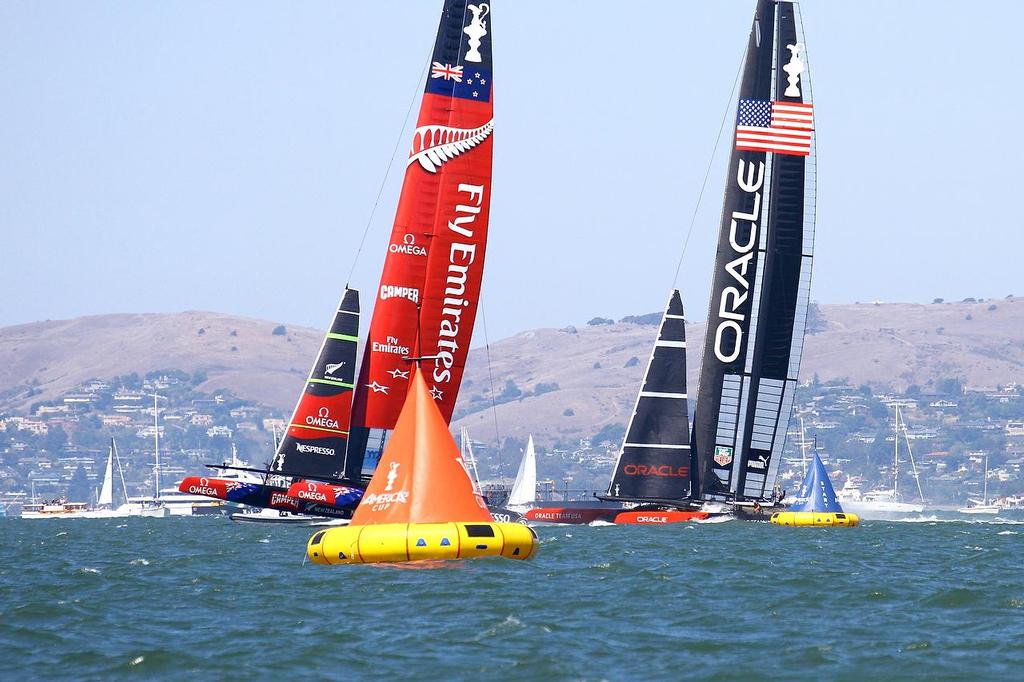 Oracle Team USA v Emirates Team New Zealand. America's Cup Day 5 San Francisco. Emirates Team NZ and Oracle Team USA before the start of Race 9 photo copyright Richard Gladwell www.photosport.co.nz taken at  and featuring the  class