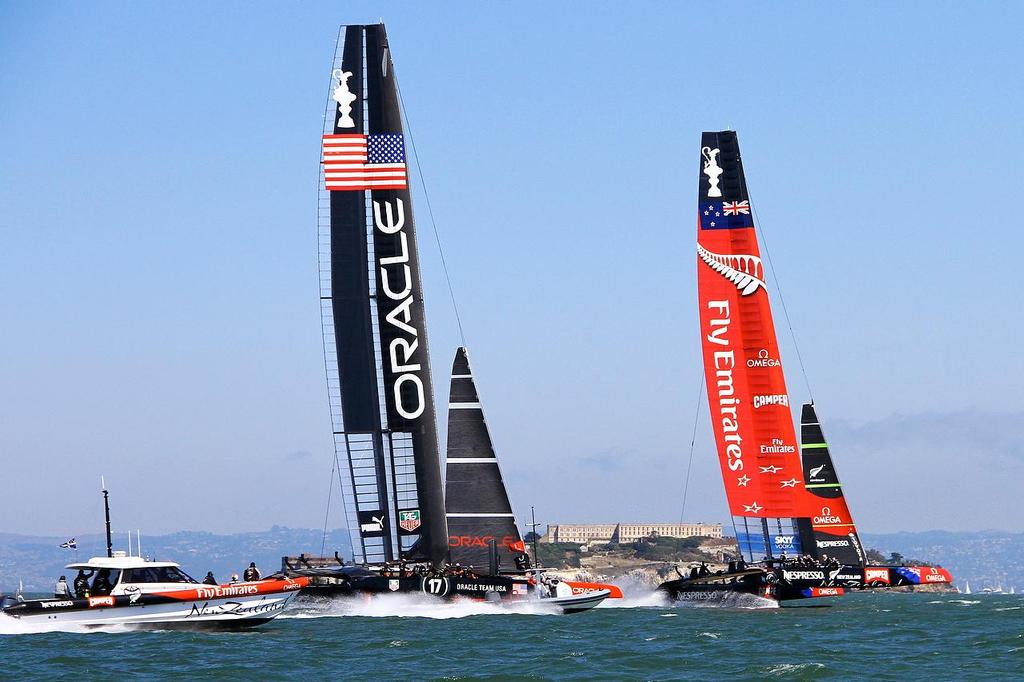 Oracle Team USA v Emirates Team New Zealand. America's Cup Day 5 San Francisco. Emirates Team NZ leads Oracle after Mark 1, Race 9 photo copyright Richard Gladwell www.photosport.co.nz taken at  and featuring the  class