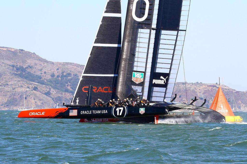 Oracle Team USA v Emirates Team New Zealand. America's Cup Day 5 San Francisco. Oracle Team USA leads around Mark 3 in Race 8 photo copyright Richard Gladwell www.photosport.co.nz taken at  and featuring the  class