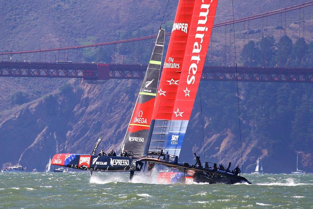 Oracle Team USA v Emirates Team New Zealand. America's Cup Day 6 San Francisco. Emirates Team NZ foil tacks on Leg 3 of Race 10 photo copyright Richard Gladwell www.photosport.co.nz taken at  and featuring the  class