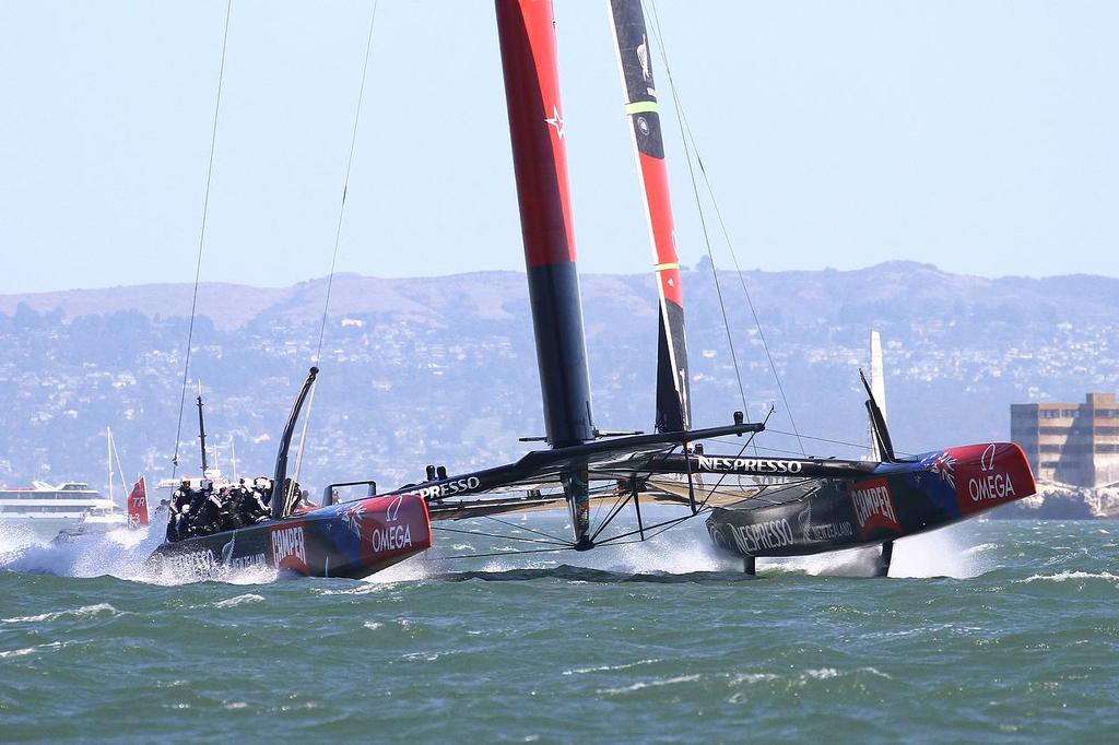 Oracle Team USA v Emirates Team New Zealand. America's Cup Day 7 San Francisco. Emirates Team NZ at the end of a short training run before racing was abandoned for the day. photo copyright Richard Gladwell www.photosport.co.nz taken at  and featuring the  class