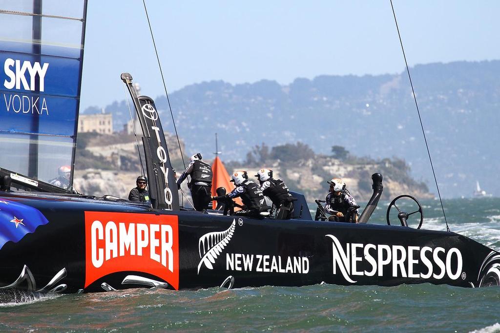 Oracle Team USA v Emirates Team New Zealand. America's Cup Day 7 San Francisco. Emirates Team NZ prepares for a possible race start for Race 11 photo copyright Richard Gladwell www.photosport.co.nz taken at  and featuring the  class