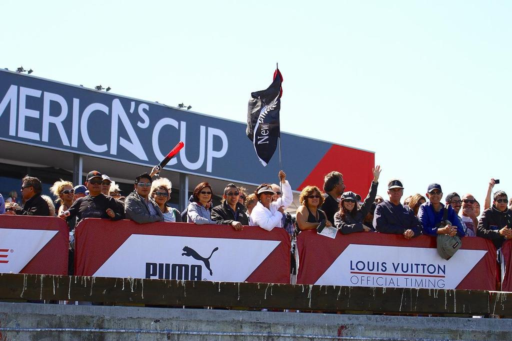 Oracle Team USA v Emirates Team New Zealand. America's Cup Day 7 San Francisco. New Zealand fans on Day 7 at the end of Pier 23 photo copyright Richard Gladwell www.photosport.co.nz taken at  and featuring the  class