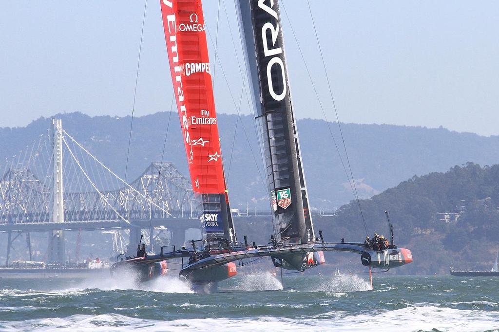  America’s Cup Day 8 San Francisco. Emirates Team NZ leads Oracle sam USA just after Mark 1 of race 11 photo copyright Richard Gladwell www.photosport.co.nz taken at  and featuring the  class