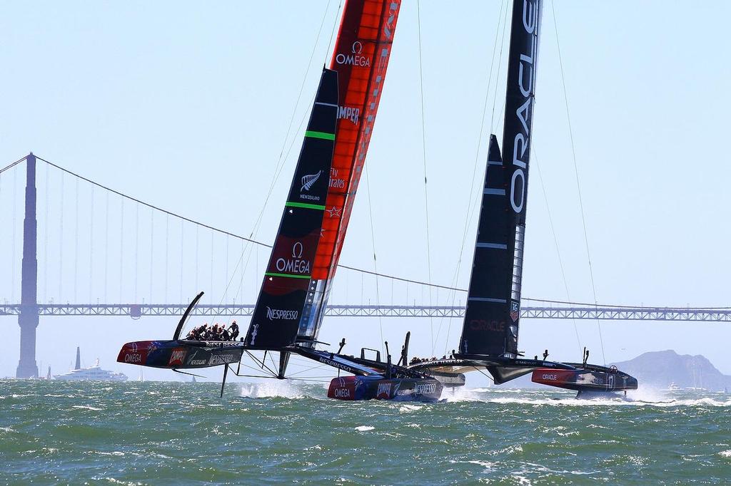 Oracle Team USA v Emirates Team New Zealand. America's Cup Day 8 San Francisco. Emirates Team NZ leads Oracle Team USA on Leg 4 of Race 11 photo copyright Richard Gladwell www.photosport.co.nz taken at  and featuring the  class