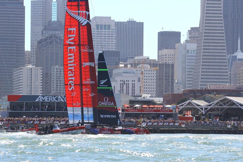 Oracle Team USA v Emirates Team New Zealand. America's Cup Day 8 San Francisco. Emirates Team NZ salutes her fans after winning Race 11 photo copyright Richard Gladwell www.photosport.co.nz taken at  and featuring the  class