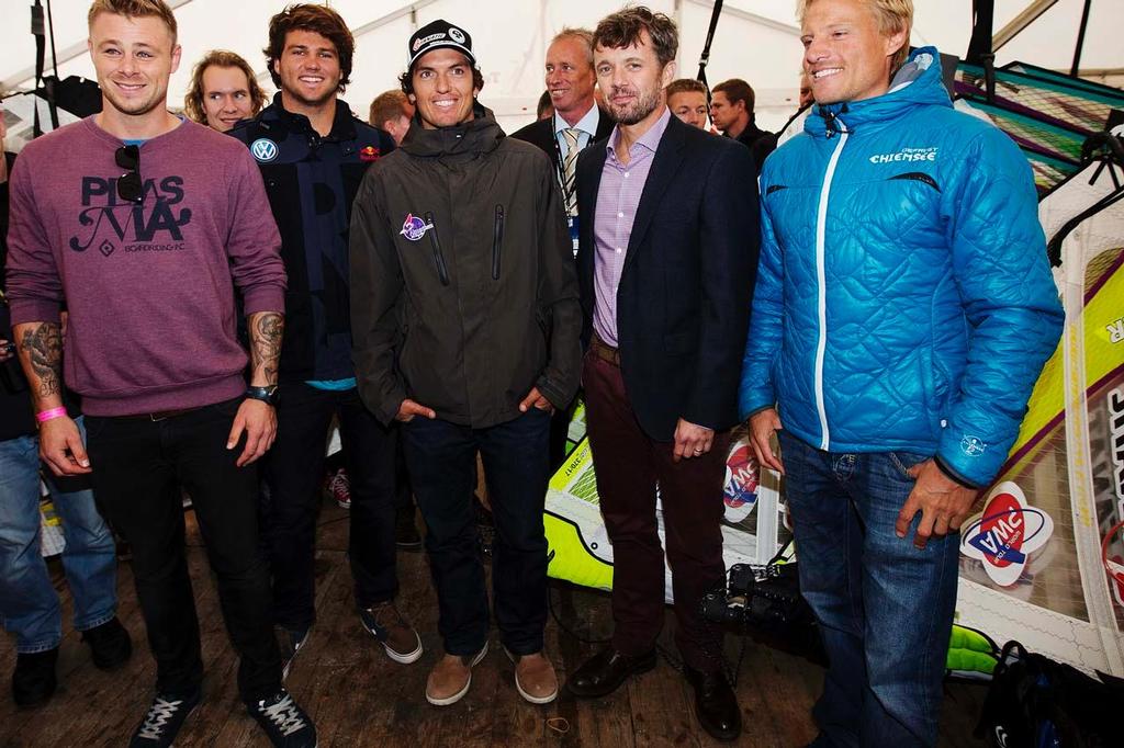 (From left to right): Danish windsurfing champion Kenneth Danielsen; German double world champion Philip KÃ¶ster; Spanish 2010 world champion and world no.2 Victor Fernandez Lopez; Crown Prince Frederik of Denmark; and German windsurfing champion Klaas Voget. The Crown Prince, an accomplished sailor, former Danish Navy seal and iron man triathlete was talking to best windsurfers in the world after trying it out for himself in the morning on the eve of the 2013 KIA Cold Hawaii world cup in KlitmÃ photo copyright  John Carter / PWA http://www.pwaworldtour.com taken at  and featuring the  class