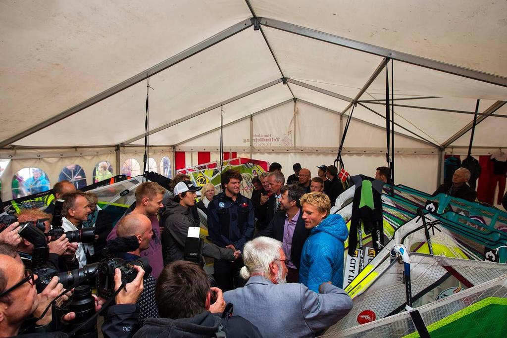 Crown Prince Frederik of Denmark shakes hands with Spanish 2010 world champion and world no.2 Victor Fernandez Lopez after meeting with German double world champion Philip Koster ,and German windsurfing champion Klaas Voget and Danish windsurfing champion Kenneth Danielsen. The Crown Prince, an accomplished sailor, former Danish Navy seal and iron man triathlete was talking to best windsurfers in the world after trying it out for himself in the morning on the eve of the 2013 Cold Hawaii world Cup ©  John Carter / PWA http://www.pwaworldtour.com