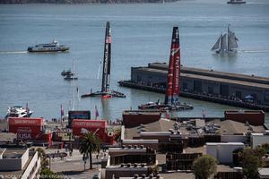 18/09/2013 - San Francisco (USA CA) - 34th America's Cup - Race day 8, ORACLE Team USA vs Emirates Team New Zealand, AC72 on the mooring at America's Cup Park - the view from Coit Tower photo copyright ACEA / Photo Abner Kingman http://photo.americascup.com taken at  and featuring the  class