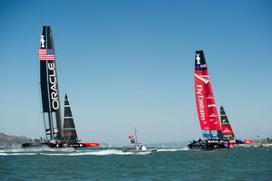 Emirates Team New Zealand leads Oracle Team USA down the first run. Race eight on day five of the America's Cup 34. 14/9/2013 photo copyright Chris Cameron/ETNZ http://www.chriscameron.co.nz taken at  and featuring the  class