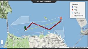 Downwind course projection September 17, 2013 - faint purple line is for Race 11, Red dotted line is for Race 12 photo copyright PredictWind.com www.predictwind.com taken at  and featuring the  class