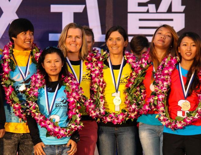 Jo Aleh and Polly Powrie (centre) - 2014 ISAF World Cup, Qingdao October 2013 © Yachting New Zealand