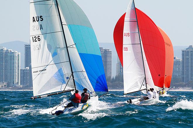 Wow Factor (AUS126) and Legless (199) enjoying the freshening conditions - Australian Sports Boat Association QLD Titles 2013 © Teri Dodds http://www.teridodds.com