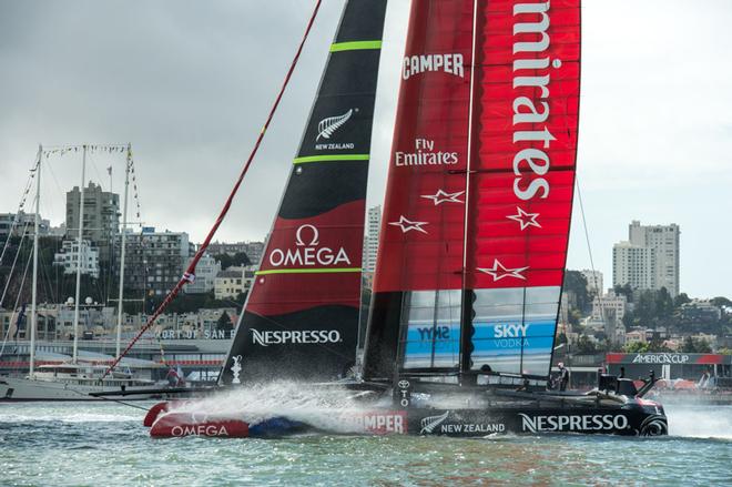 Emirates Team New Zealand fly back to the base after racing was canceled as the wind direction made it impossible to set a fair course. Day eleven of America’s Cup 34. 21/9/2013 © Chris Cameron/ETNZ http://www.chriscameron.co.nz