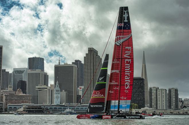 Emirates Team New Zealand fly back to the base after racing was canceled as the wind direction made it impossible to set a fair course. Day eleven of America’s Cup 34. 21/9/2013 © Chris Cameron/ETNZ http://www.chriscameron.co.nz