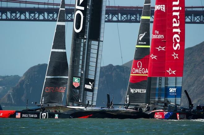 Oracle Team USA and Emirates Team New Zealand come together on the start line. There was contact and ETNZ sustained a penalty. Race 17, America’s Cup 34. 24/9/2013 © Chris Cameron/ETNZ http://www.chriscameron.co.nz