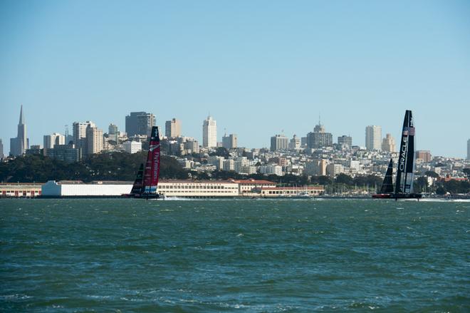 Emirates Team New Zealand have a good lead over Oracle Team USA down the first run in race 18.  America’s Cup 34. 24/9/2013 © Chris Cameron/ETNZ http://www.chriscameron.co.nz