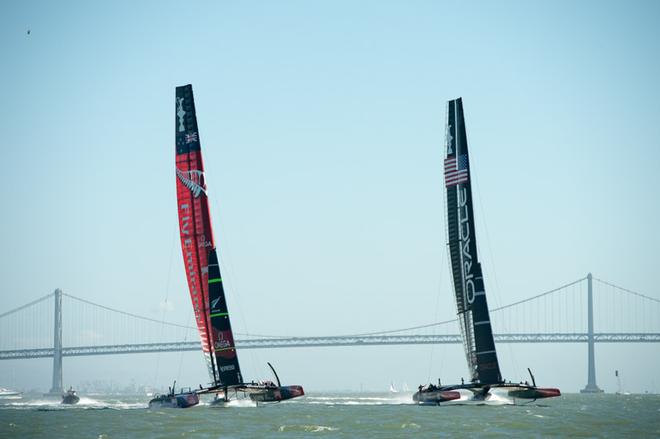 Oracle Team USA sailover Emirates Team New Zealand on the beat in race 18.  America’s Cup 34. 24/9/2013 © Chris Cameron/ETNZ http://www.chriscameron.co.nz