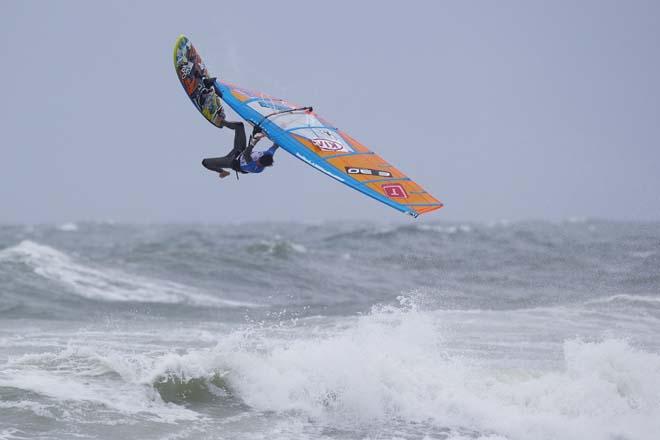 Alex Mussolini E-30 at the KIA Cold Hawaii PWA World Cup 2013 in a backloop one footed. © Cold Hawaii World Cup