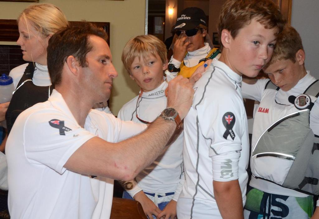 Ben Ainslie signs Campbell Patton&rsquo;s new rashguard shirt. photo copyright  Talbot Wilson / Argo Group Gold Cup http://www.argogroupgoldcup.com/ taken at  and featuring the  class