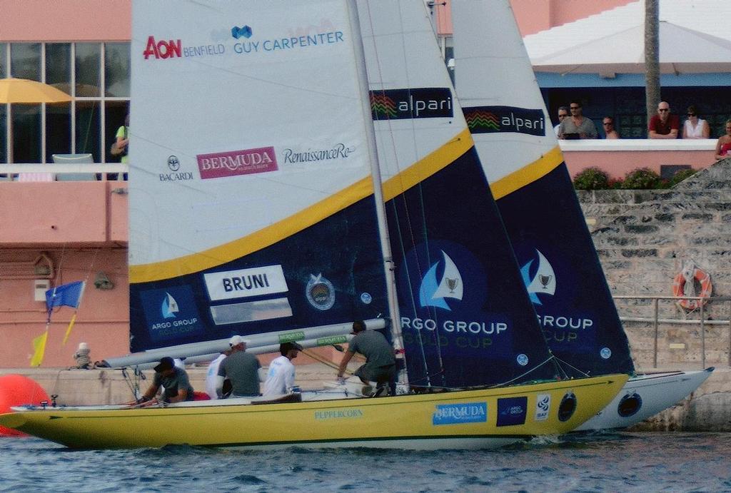 Francesco Bruni (ITA) Luna Rossa took Sir Ben Ainslie (GBR) BART/Argo Group to the wall at the Fairmont Hamilton Princess in finals of the 2013 Argo Group Gold Cup at the Royal Bermuda Yacht Club in Hamilton, Bermuda. Bruni won this final race and defeated Ainslie 3-2. photo copyright Talbot Wilson taken at  and featuring the  class