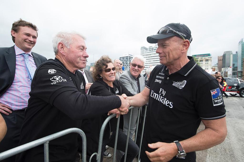 Emirates Team New Zealand welcome home event in Auckland. Grant Dalton greets fans at the entrance to Shed 10. 4/10/2013 © Chris Cameron/ETNZ http://www.chriscameron.co.nz
