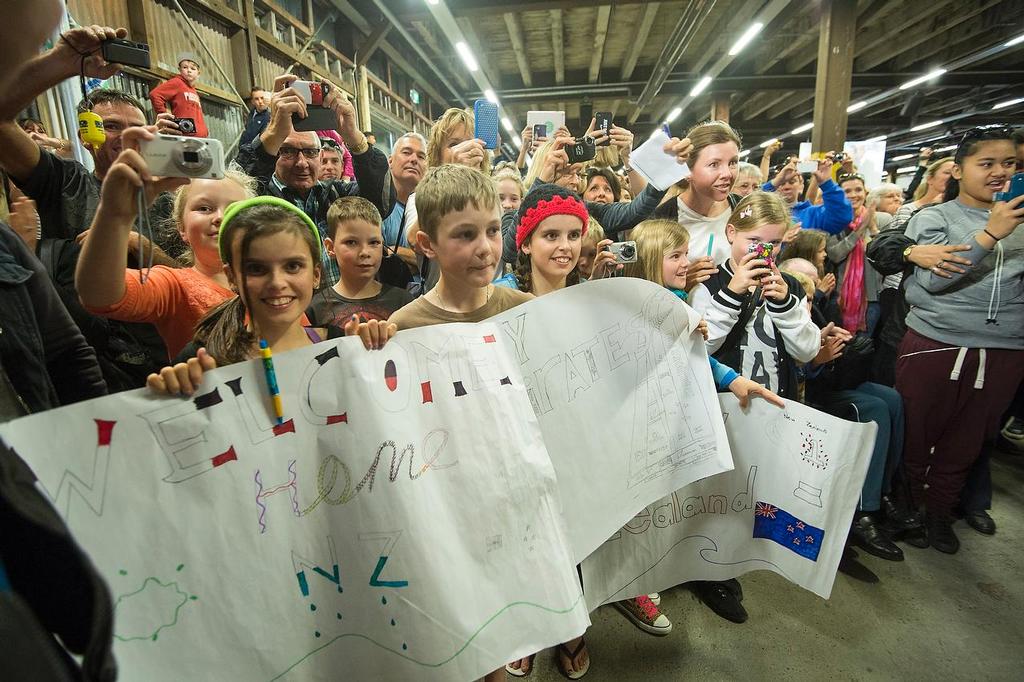 Emirates Team New Zealand welcome home event in Auckland. Fans greet the team as they enter shed 10. 4/10/2013 © Chris Cameron/ETNZ http://www.chriscameron.co.nz