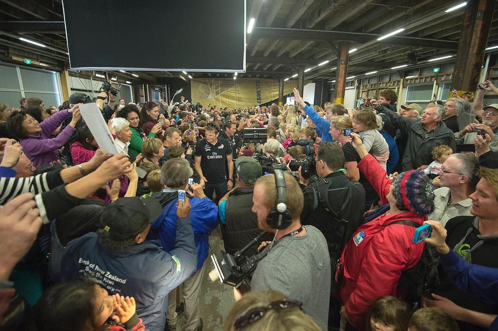 Emirates Team New Zealand welcome home event in Auckland. Dean Barker shakes hands with fans as the team enters shed 10. 4/10/2013 © Chris Cameron/ETNZ http://www.chriscameron.co.nz