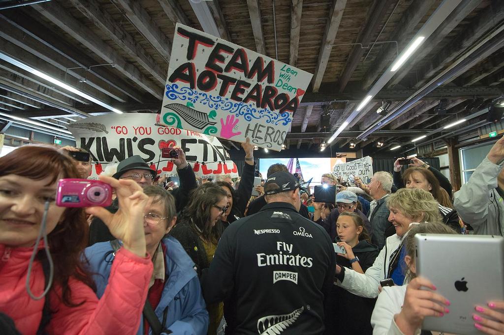 Emirates Team New Zealand welcome home event in Auckland. Fans greet the team as they enter shed 10. 4/10/2013 © Chris Cameron/ETNZ http://www.chriscameron.co.nz