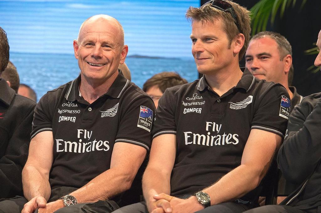 Emirates Team New Zealand welcome home event in Auckland. Grant Dalton and Dean Barker on the stage in shed 10. 4/10/2013 photo copyright Chris Cameron/ETNZ http://www.chriscameron.co.nz taken at  and featuring the  class